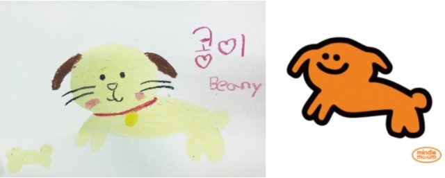 환아들이 그린 그림(왼쪽)을 바탕으로 캐릭터화(오른쪽) 한다, 출처: 민들레마음 블로그