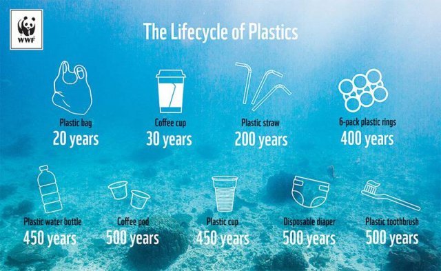 플라스틱 쓰레기의 수명, 출처: WWF(세계자연기금)