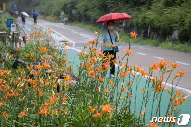 4일 서울 서대문구 홍제천을 찾은 시민들이 우산을 쓰고 산책하고 있다. 2021.7.4/뉴스1 DB © News1