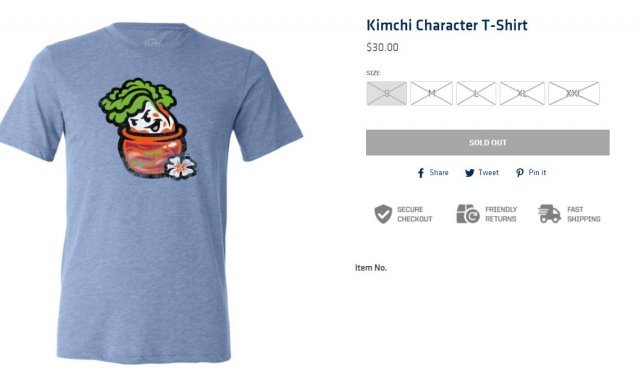 품절된 김치 캐릭터 티셔츠. ‘biscuitsbaseball’ 사이트 갈무리