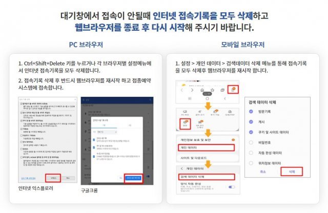 백신 접종 PC·모바일 예약 접속 문제 해결 안내. 코로나19 예방접종 사전예약 홈페이지 캡처