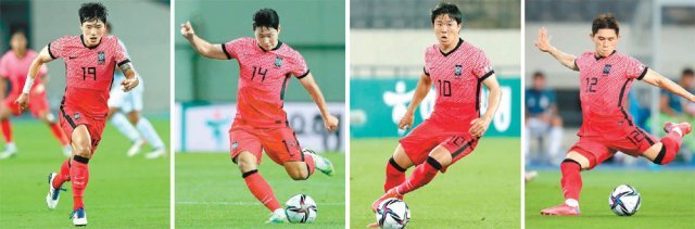 22일 뉴질랜드와 도쿄 올림픽 축구 조별리그 첫 경기를 갖는 한국 올림픽 축구 대표팀의 핵심 득점 방정식은 ‘3+1’ 세트피스다. 짧고 각도가 크게 꺾이는 킥에 능한 정승원과 왼발 스페셜리스트 3인방 이강인, 권창훈, 이동경(왼쪽부터)이 프리킥 기회에서 직접 골을 노리거나 문전으로 날카로운 프리킥을 보낸다. 동아일보DB·뉴시스·대한축구협회 제공