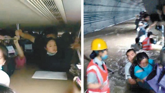 물바다 된 지하철 객실 20일 오후 중국 중부 허난성 정저우에 기록적인 폭우가 내렸다. 이날 운행 중 터널 안에서 
갑자기 멈춰 선 지하철 차량에도 많은 빗물이 밀려들어 승객 어깨 높이까지 차올랐다(왼쪽 사진). 차량을 빠져나온 승객들이 구조대의
 도움을 받아 대피하고 있다. 유튜브 화면 캡처