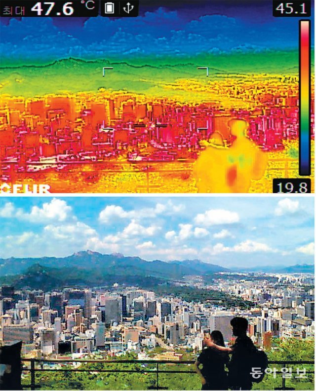 이글이글 끓어오르는 서울 전국 대부분 지역에 폭염특보가 내려진 21일 서울 남산에서 열화상카메라로 촬영한 도심의 
모습(위 사진). 온도가 높을수록 붉게 표시되는데 열섬 현상 때문에 건물 온도가 더 높은 것으로 나타난다. 아래 사진은 일반 
카메라로 촬영한 것이다. 기상청은 당분간 전국 낮 최고기온 33∼35도의 폭염이 계속될 것으로 예보했다. 양회성 기자 
yohan@donga.com