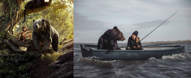 디즈니 ‘정글북’의 한 장면(왼쪽)과 베로니카와 아치(불곰)의 낚시 여행. 디즈니 ‘정글북’ 캡처·베로니카 디치카