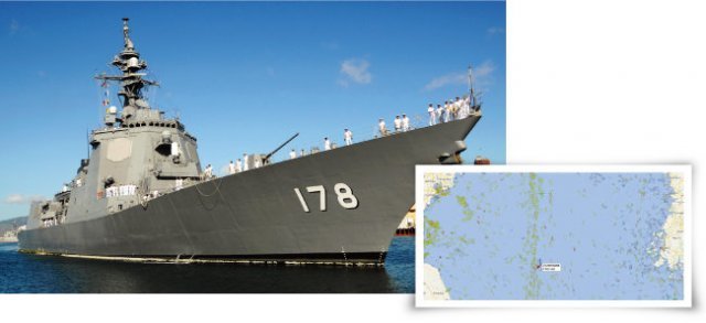 일본 해상자위대 구축함 ‘아시가라’함(왼쪽). 7월 12일 서해에 나타난 일본 해상자위대 구축함 ‘아시가라’함(JS ASHIGARA)의 선박자동식별시스템(AIS) 기록. [위키피디아, 사진 제공·신인균]