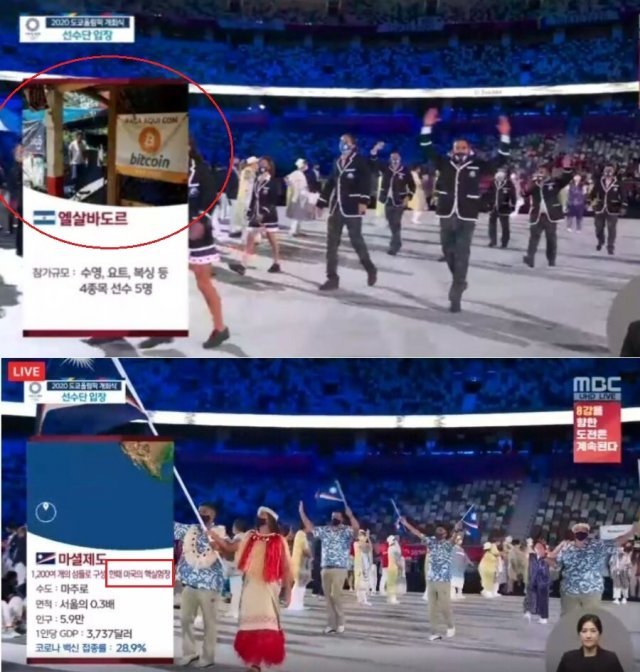 2020 도쿄 올림픽 개회식 생중계에서 논란이 된 사진과 자막.