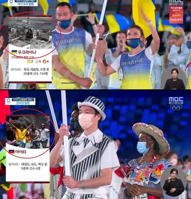 2020 도쿄 올림픽 개회식 생중계에서 논란이 된 사진과 자막.