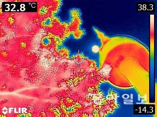 전국 대부분 지역에 폭염 특보가 내려진 21일 오후 열화상카메라로 바라본 남산이 높은 온도로 붉게 표시돼 있다. 양회성 기자