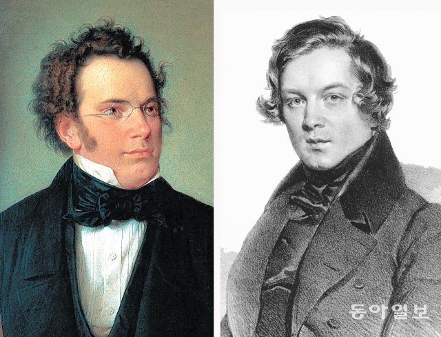 슈베르트(왼쪽)가 죽은 뒤 9년 동안 세상에 공개되지 않은 그의 교향곡 9번은 슈만에 의해 세상에 알려졌다. 이로써 슈만은 교향곡의 위대한 계보를 넘겨받게 된다. 동아일보DB