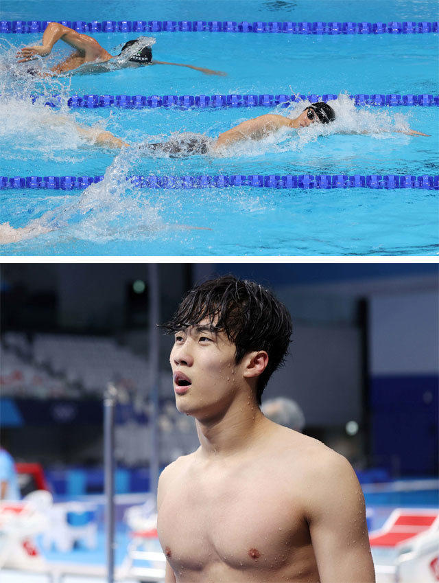 한국 남자 수영의 ‘기대주’ 황선우(18)가 27일 도쿄 아쿠아틱센터에서 열린 2020 도쿄 올림픽 수영 남자 
자유형 200m 결선에서 경기 중반까지 선두로 혼신의 역영을 펼치고 있다(위쪽 사진). 하지만 150m 이후 뒷심 부족으로 7위에
 그친 뒤 아쉬운 표정을 짓고 있다. 도쿄=뉴스1·뉴시스