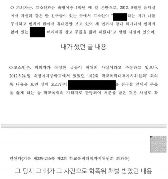 김소혜의 중학교 동창이라고 밝힌 A 씨가 공개한 학교폭력대책자치위원회 회의록. 커뮤니티 갈무리