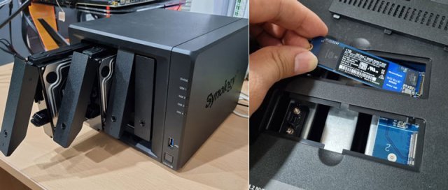 DS420+는 4개의 3.5 인치 베이와 더불어 2개의 SSD 캐싱용 M.2 슬롯을 갖췄다  (출처=IT동아)
