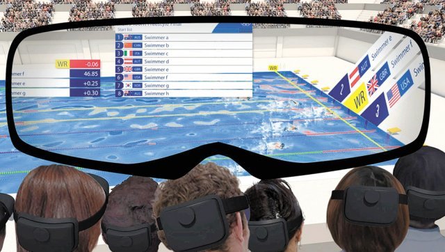 수영 경기장에서는 증강현실(AR) 안경을 쓰고 선수 정보와 기록을 확인할 수 있지만 무관중으로 열려 빛이 바랬다. 도쿄 올림픽 공식 사이트 캡처