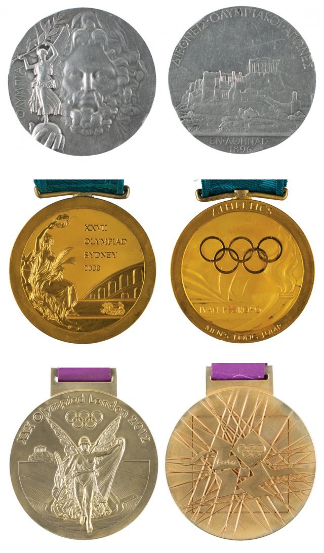 (상단에서 하단)경매에서 팔린 1896 아테네 올림픽 우승 메달(당시 은메달)의 앞면(왼쪽)과 뒷면. 2000 시드니올림픽 금메달의 앞면(왼쪽)과 뒷면. 2012 런던올림픽 금메달의 앞면(왼쪽)과 뒷면. RR 옥션 캡처