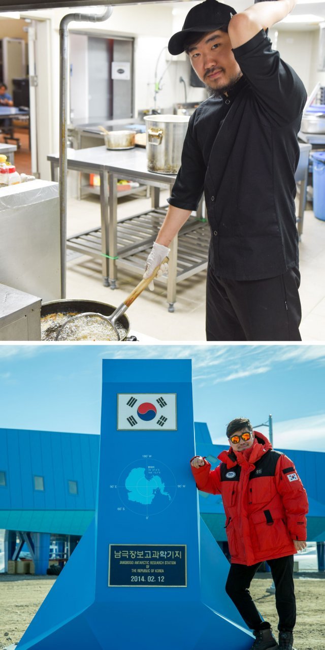 김인태 씨는 지난해 남극장보고과학기지에서 매끼 100인분의 식사를 만들었다(윗쪽 사진). 힘든 생활 틈틈이 기지 주변(아래쪽 사진)을 거닐며 자기 삶을 돌아보는 시간을 가졌다. 김인태 씨 제공