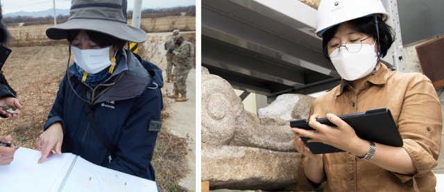 조은경 문화재청 수리기술과장이 지난해 11월 비무장지대(DMZ)에서 유적 분포를 확인하고 있다(왼쪽 사진). 4일 이명선 국립문화재연구소 건축문화재연구실장이 석탑 복원을 위한 부재를 살펴보는 모습. 문화재청 제공