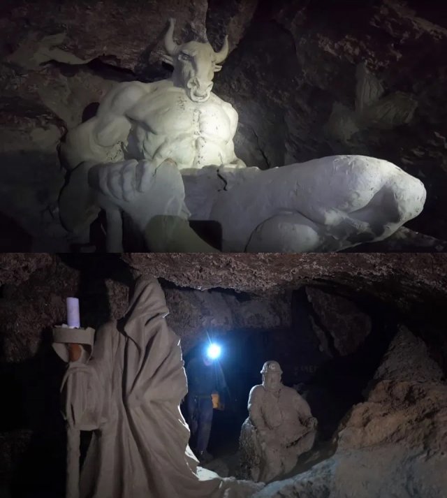 동굴에서 발견된 미노타우르 조각상(상단)과 저승사자 조각상. 유튜브 캡처
