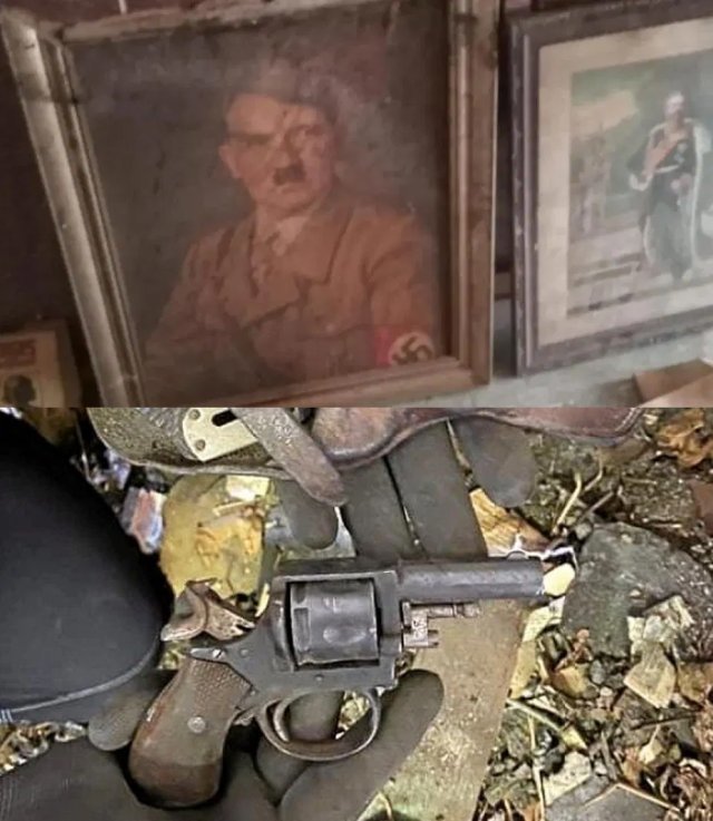 벽 속에 발견된 히틀러 초상화(상단)와 권총(하단). 세바스찬 유르트세븐(제보자)