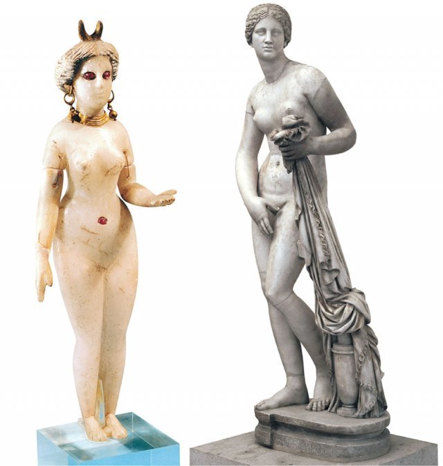 바빌론 지역에서 발견된 아스타르테의 조각상을 살펴보면 당시 사람들이 아스타르테를 뿔이 달린 모습으로 상상했다는 점을 알 수 있다(왼쪽 사진). 프락시텔레스가 조각한 관능적인 ‘크니도스의 아프로디테’ 이후 옷이 벗겨진 아프로디테가 본격적으로 조각되기 시작했다(오른쪽 사진). 미래의창 제공