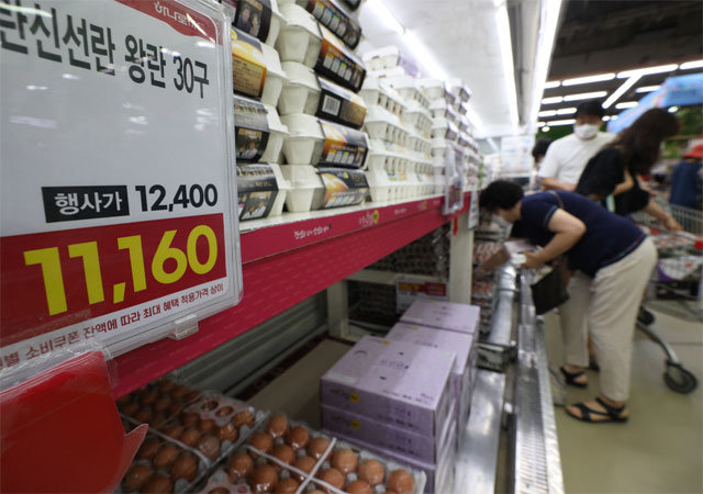 계란 한 판 가격이… 부담스러운 장보기 8일 서울 서초구 하나로마트 양재점에서 한 시민이 판매대에 
진열된 달걀을 살펴보고 있다. 통계청에 따르면 7월 달걀 값은 1년 전에 비해 57% 급등했다. 한국의 2분기(4∼6월) 식품 
물가 상승률은 7.3%로 경제협력개발기구(OECD) 회원국 가운데 세 번째로 높았다. 뉴스1