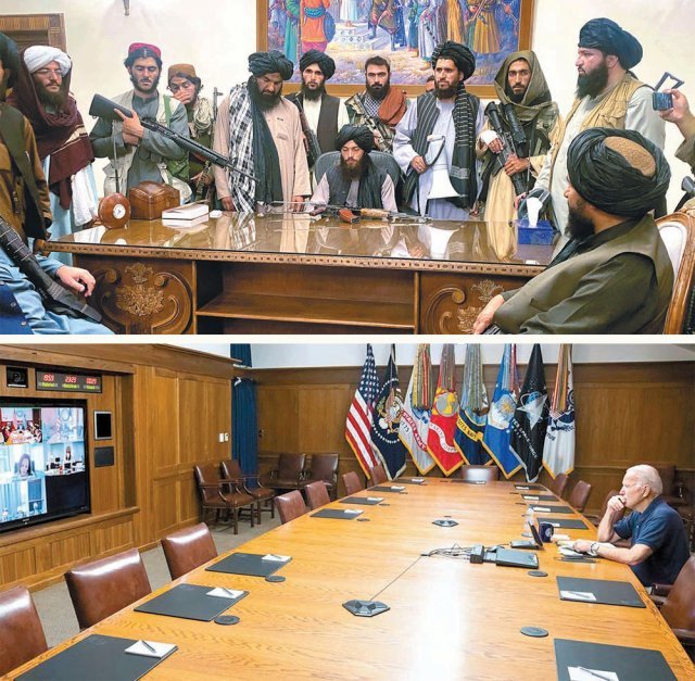 아프간 대통령궁 장악한 탈레반… ‘제2 베트남’ 퇴로 찾는 바이든 아프가니스탄 무장단체 탈레반의 지도부들이 15일(현지 시간) 수도 카불의 대통령궁에 모여 있다(위쪽 사진). 이날 탈레반의 카불 
장악이 가시화하자 아슈라프 가니 대통령은 서둘러 해외로 도피했다. 그가 탈출 당시 엄청난 현금을 갖고 있었다는 보도까지 나와 국민
 공분이 고조되고 있다. 같은 날 반팔 티셔츠를 입은 조 바이든 미국 대통령이 워싱턴 인근의 대통령 별장 캠프데이비드 회의실에서 미
 외교안보 수뇌부로부터 아프가니스탄 상황에 대한 화상 보고를 받고 있다(아래쪽 사진). 백악관은 이날 화상회의에 토니 블링컨 
국무장관, 로이드 오스틴 국방장관, 마크 밀리 합참의장 등이 참석했다고 밝혔다. 카불·워싱턴=AP 뉴시스