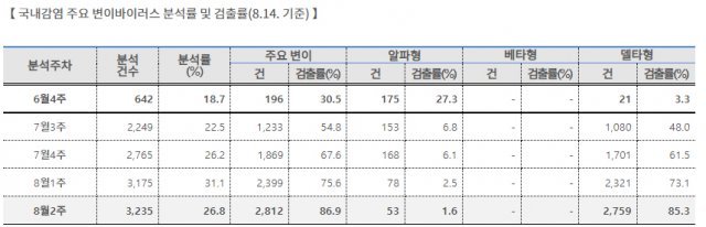 국내감염 주요 변이바이러스 분석률 및 검출률(8.14. 기준). 중앙방역대책본부