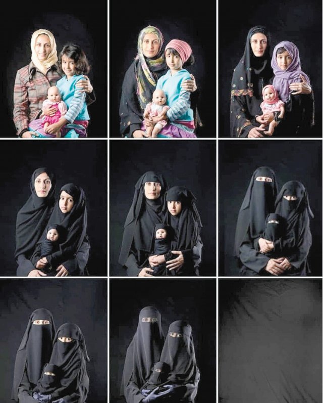 가려지는 몸… 사라지는 존재감예멘 여성 사진작가 부슈라 알무타와켈의 2010년 연작 ‘엄마, 딸, 인형’. 
무슬림 모녀와 인형을 소재로 귀와 머리카락만 가리는 ‘히잡’(스카프의 일종)을 쓴 엄마, 아무것도 쓰지 않은 딸이 대조를 
이룬다(왼쪽 위). 모녀의 복장이 점차 얼굴과 손발을 제외한 전신을 가린 ‘차도르’(왼쪽 가운데), 눈만 보이는 ‘니깝’(왼쪽 
아래), 전신을 가리는 ‘부르카’(가운데 아래)로 바뀐다. 탈레반이 아프가니스탄을 점령한 15일 이후 소셜미디어를 중심으로 아프간
 여성들의 자유를 지지하는 사람들이 이 작품을 공유하면서 다시 주목받고 있다. 인스타그램 캡처