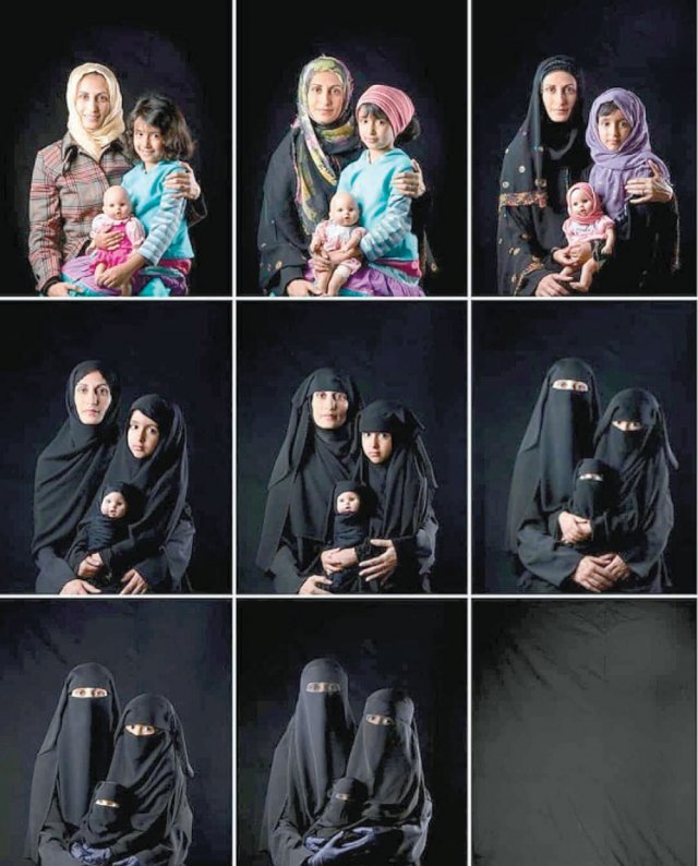 가려지는 몸… 사라지는 존재감 예멘 여성 사진작가 부슈라 알무타와켈의 2010년 연작 ‘엄마, 딸, 인형’. 무슬림 
모녀와 인형을 소재로 귀와 머리카락만 가리는 ‘히잡’(스카프의 일종)을 쓴 엄마, 아무것도 쓰지 않은 딸이 대조를 이룬다(왼쪽 
위). 모녀의 복장이 점차 얼굴과 손발을 제외한 전신을 가린 ‘차도르’(왼쪽 가운데), 눈만 보이는 ‘니깝’(왼쪽 아래), 전신을
 가리는 ‘부르카’(가운데 아래)로 바뀐다. 탈레반이 아프가니스탄을 점령한 15일 이후 소셜미디어를 중심으로 아프간 여성들의 
자유를 지지하는 사람들이 이 작품을 공유하면서 다시 주목받고 있다. 인스타그램 캡처