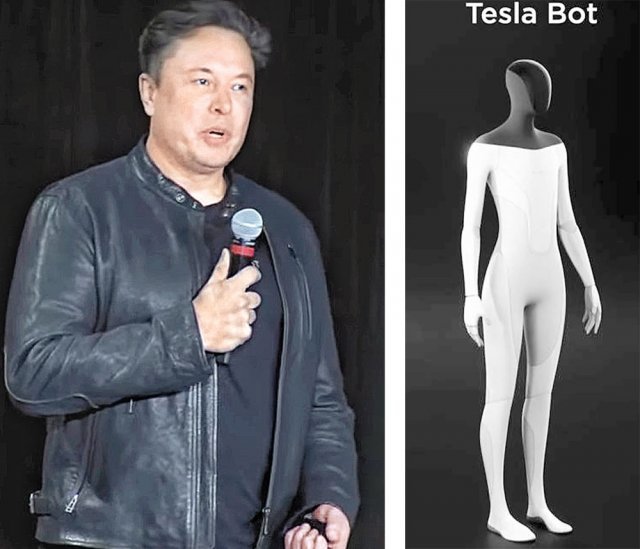 19일(현지 시간) 인공지능(AI) 휴머노이드 로봇 ‘테슬라봇’(오른쪽 사진) 개발 계획을 발표하는 일론 머스크 테슬라 최고경영자(CEO). 그는 “인건비를 낮춰 세계 경제를 변화시킬 수 있다”고 말했다. 테슬라 유튜브 동영상 캡처