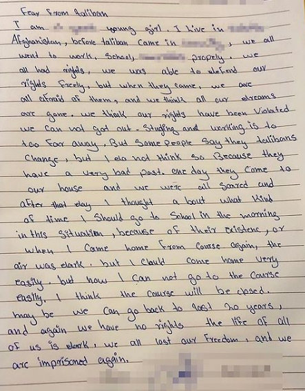 졸리가 받은 아프간 현지 10대 소녀의 편지. 사진=앤젤리나 졸리 인스타그램