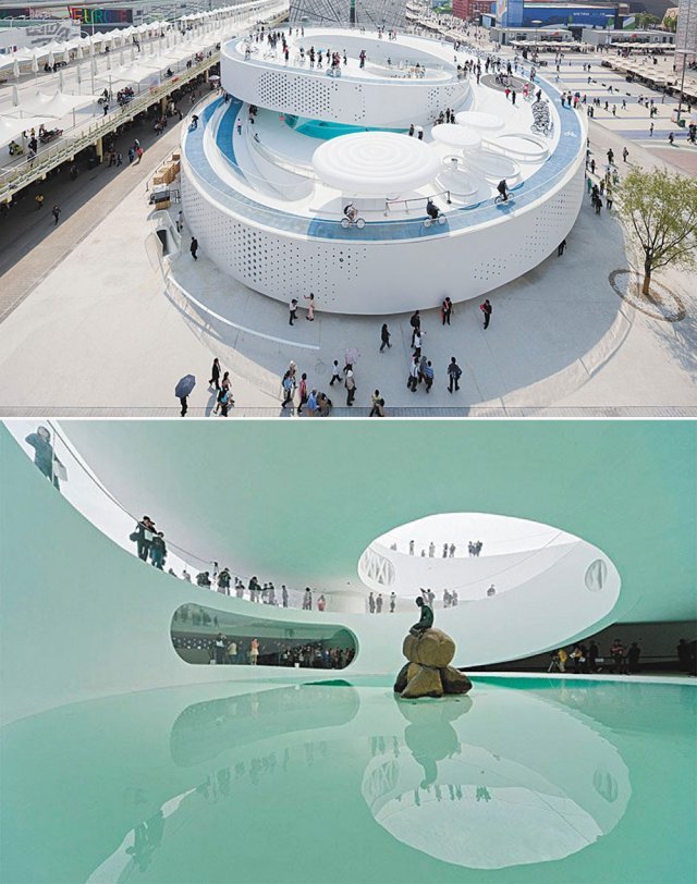 비야르케 잉겔스가 디자인한 2020년 상하이 엑스포의 덴마크 전시관 외관(위 사진)과 내부 모습(아래 사진). 잉겔스는 덴마크의 상징인 인어공주상을 중국에 가져가 반년간 전시해 화제가 됐다. 사진 출처 BIG 홈페이지