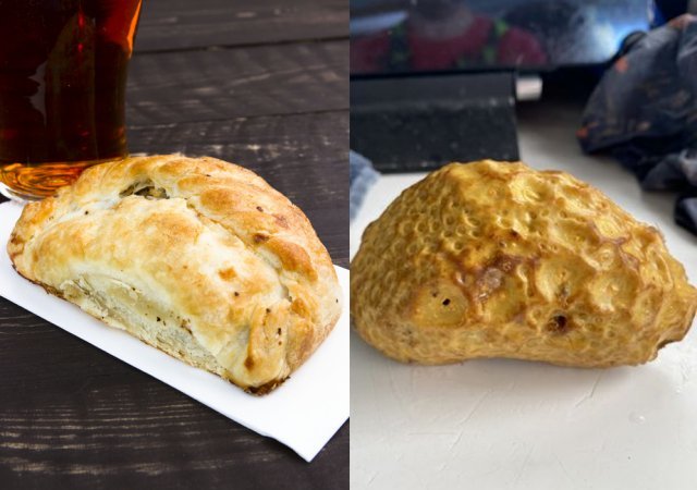 영국 남서부 주 콘월(Cornwall) 지방의 고기 파이(왼쪽)와 ‘스펀지 크랩(Sponge Crab)’의 해면(오른쪽). 게티이미지·이안 젭슨