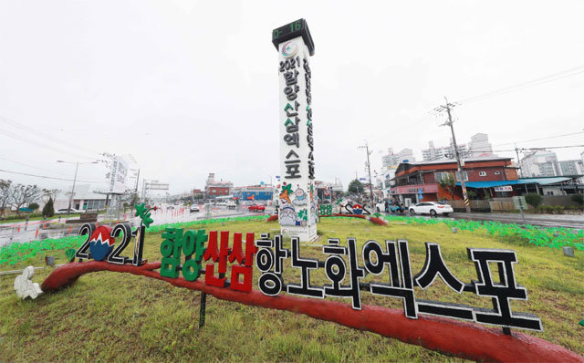 경남 함양군 함양읍의 ‘2021 함양산삼항노화엑스포 카운트다운탑’. 개막을 보름 앞두고 축제 분위기가 서서히 올라가고 있다. 엑스포조직위 제공