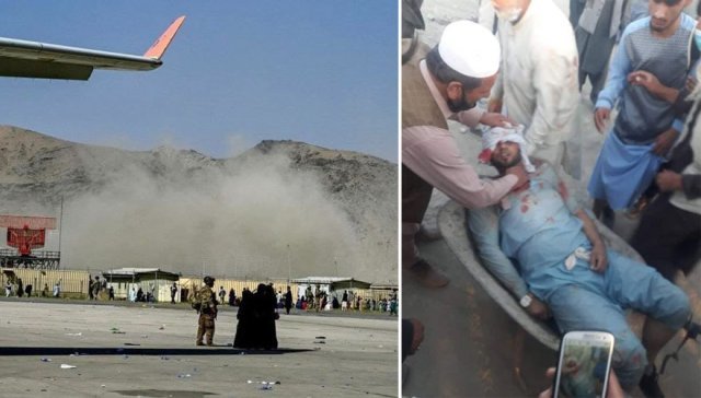 26일(현지 시간) 아프가니스탄 수도 카불의 하미드 카르자이 국제공항 부근에서 자살폭탄 테러로 추정되는 폭발이 두 차례 일어나 
어린이를 포함해 최소 13명이 숨졌다고 로이터통신 등이 보도했다. 공항 내 활주로에서도 폭발 현장에서 발생한 거대한 연기가 
보인다(왼쪽 사진). 카불 공항은 무장단체 탈레반 치하의 아프간을 탈출하려는 아프간인들이 몰려들어 테러 위험이 큰 곳으로 꼽혔다.
 이날 폭발로 머리 등에 큰 부상을 입어 피를 흘리고 있는 남성이 들것에 실린 채 이송되고 있다. 사진 출처 트위터