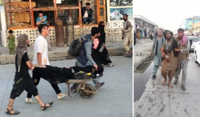 아프가니스탄 수도 카불 시민들이 26일 하미드 카르자이 국제공항 부근에서 발생한 대규모 폭발로 부상한 것으로 추정되는 사람을 
손수레로 옮기고 있다(왼쪽 사진). 또 다른 지역에선 한 남성이 피를 흘리고 있는 부상자를 부축하며 걷고 있다. 이날 폭발로 
어린이를 포함해 최소 13명이 숨졌다. 부상자도 많아 사상자는 더 늘어날 것으로 보인다. 사진 출처 트위터