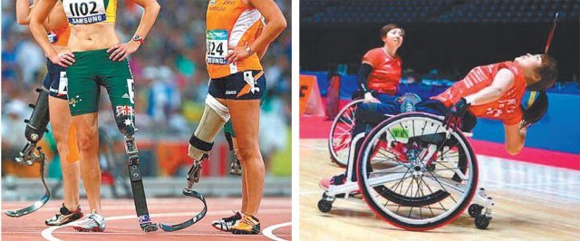 장애인 육상 선수들이 최첨단 의족을 착용한 채 트랙에서 대기하고 있다(왼쪽 사진). 이번 도쿄 패럴림픽부터 정식 종목이 된 배드민턴용 휠체어는 순간적인 이동이 원활하도록 바퀴가 많은 게 특징이다. 사진 출처 국제패럴림픽위원회 홈페이지