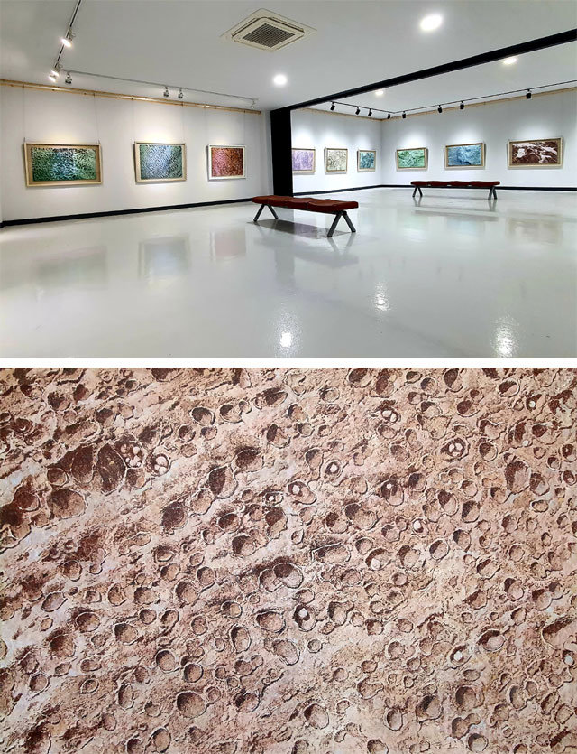 제주 서귀포시 표선면에 개관한 ‘한중옥크레파스미술관’ 전시장(위 사진)과 제주 용암석을 묘사한 ‘시각과 인식’ 연작 작품. 한중옥 작가 제공