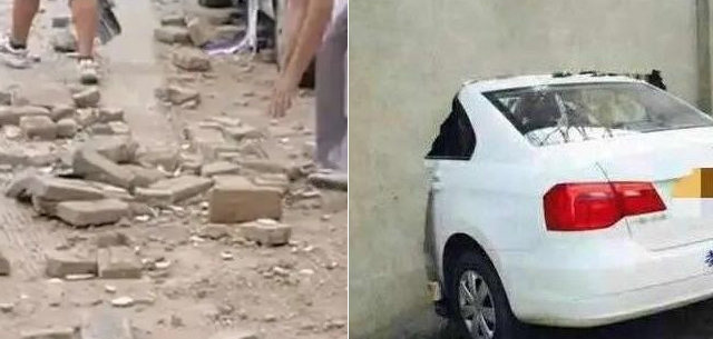 사고 차량과 주위에 떨어진 벽돌 파편 모습. 웨이보