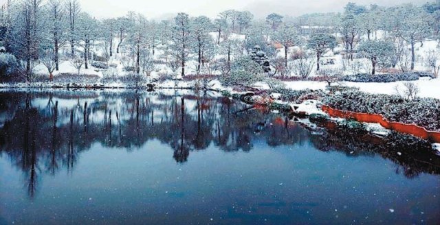 연못 ‘죽연지’에 눈이 내리는 모습. 수면에 아담원의겨울 풍경이 비친다. 아담원 제공