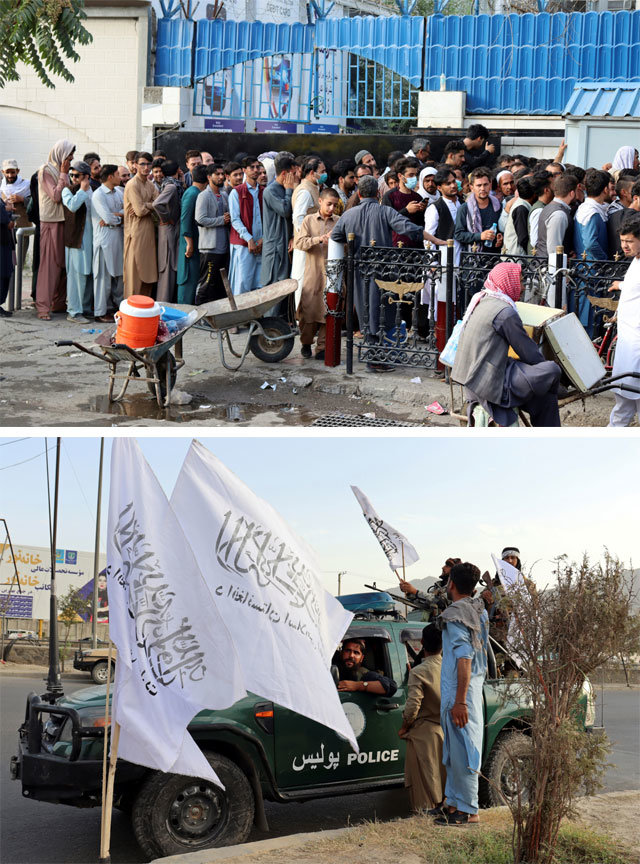 美, 아프간 완전 철군… 은행 몰린 시민들-깃발 사는 탈레반 지난달 30일 아프가니스탄 수도 카불의 은행 앞에 현금을 찾으려는 시민들이 길게 줄을 서 있다(윗쪽 사진). 탈레반이 아프간을 
장악한 후 현금 인출 수요가 폭증하자 탈레반은 시민들의 인출 금액을 한 주에 200달러로 제한했다. 같은 날 카불 도심에서 차에 탄
 탈레반 대원들이 노점상으로부터 흰색 탈레반 깃발을 사고 있다. 탈레반 치하에서 경제난이 가중되고 있음에도 탈레반기를 찾는 수요는
 늘고 있다. 카불=AP 뉴시스