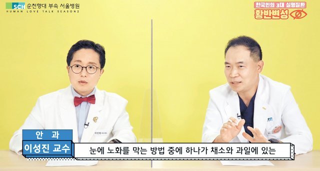 본보 이진한 의학전문기자와 순천향대 서울병원 이성진 교수가 황반변성을 주제로 톡투건강을 진행하고 있다. 동영상 캡처
