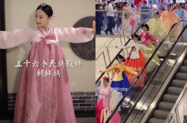 전 세계적으로 많이 이용하고 있는 중국의 ‘페이스플레이’에서 한복 사진 위에 ‘조선족’으로 표기하고(왼쪽), 중국 연변의 한 쇼핑몰에서는 한복을 중국의 전통의상으로 홍보하는 패션쇼가 열리고 있다.(오른쪽) 서경덕 교수