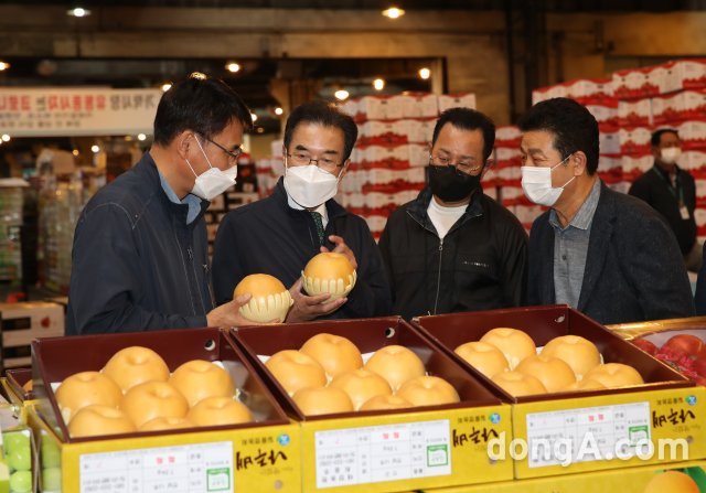 이성희 농협중앙회장(왼쪽에서 두번째)이 8일 가락동 농수산물도매시장 내 농협가락공판장을 방문해 추석 명절 성수품의 수급상황과 가격동향을 점검하고 있다.