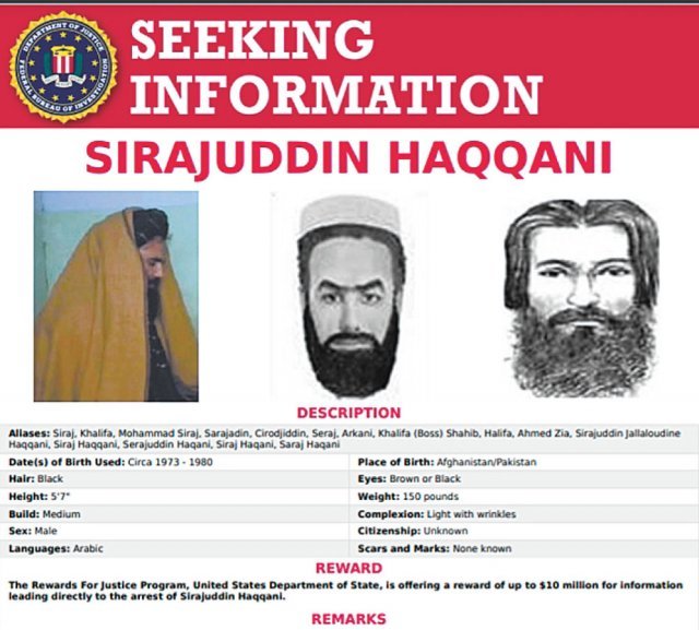 FBI 1급 수배자 내무장관 미국 연방수사국(FBI)이 1000만 달러의 현상금을 내건 시라주딘 하카니 아프가니스탄 내무장관 지명자의 수배 포스터. 미 FBI 홈페이지