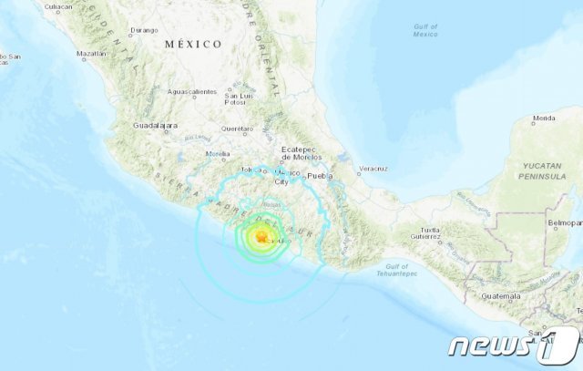 멕시코 남서부 게레로주 산마르코스에서 북서쪽으로 37km 떨어진 곳에서 7일(현지시간) 오후 규모 7.4의 강진이 발생했다. ⓒ 뉴스1
