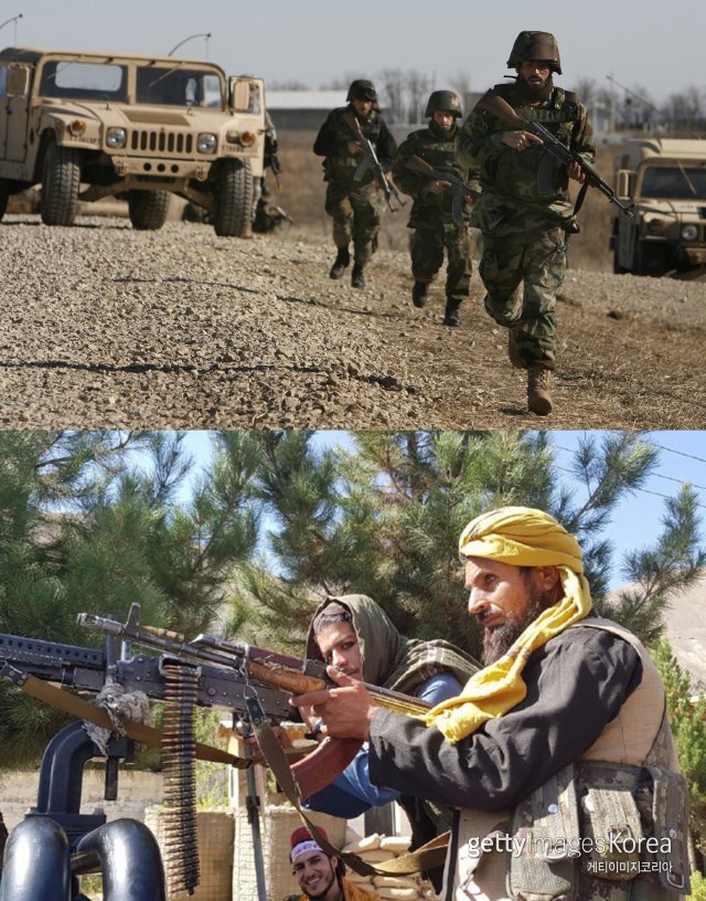 2007년 1월 9일 미국 캔자스주에서 훈련 중인 아프간 군인들(상단)과 지난 6일 총격을 준비하고 있는 탈레반 2.0의 모습. ⓒGettyImagesBank