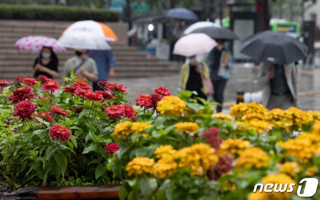 수도권 중심으로 비가 내리는 31일 오후 서울 중구 청계광장에서 우산을 쓴 시민들이 발걸음을 재촉하고 있다. 2021.8.31/뉴스1 © News1