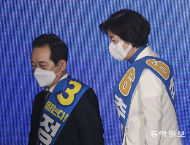 정세균 전 국무총리(왼쪽)와 추미애 전 법무부 장관. 사진공동취재단/김동주 기자