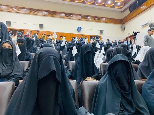 지난 11일 아프간 카불의 한 대학에서 열린 탈레반 지지 시위에 참가한 니캅 착용 여성들. 트위터 ‘HillelNeuer’ 갈무리